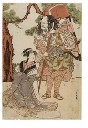Scéna kabuki s hercem v roli horského kněze yamabushiho s cestovním oltářem na zádech