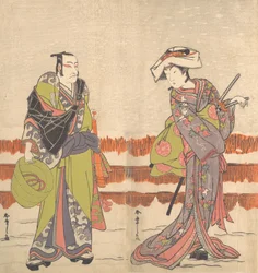 Ichikawa Danjuro Pátý jako Komuso držící v pravé ruce košíkový klobouk, ca. 1775.