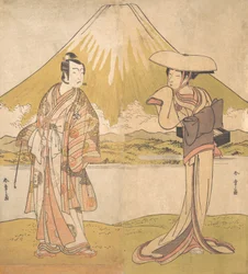 Herec Bando Mitsugoro jako muž v přepychovém oděvu, stojící v poli..., ca. 1778.