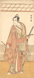 Herec Ichikawa Danjuro V jako samuraj oblečený ve fialovém kabátě Haori, ca. 1778.