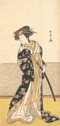 Herec Nakamura Riko, jako kurtizána s mečem, ca. 1780.