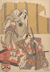 Herci Ichikawa Danjuro I vpravo 1660-1704 a Nakamura Denkuro II..., konec 18. století.