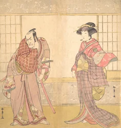 Pátý Ichikawa Danjuro jako muž stojící v místnosti, ca. 1780.