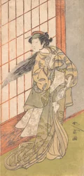 První Nakamura Tomijuro jako rozzlobená žena stojící v místnosti, 1772 nebo 1773.