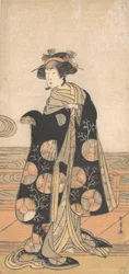 Yoshizawa Iroha jako žena stojící na Engawa domu u řeky, ca. 1778.