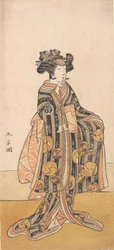 Yoshizawa Iroha jako žena Tomoe Gozen stojící na břehu, 1774 nebo 1775.