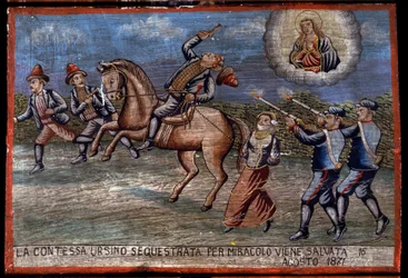 Ex-voto (ex voto) Sicilský: „“ Unesená hraběnka Ursino byla právě 16. 8. 1871 zachráněna zázrakem“. Reprezentace zbojnictví (Brigantaggio): Tři lupiči unesou hraběnku, zatímco na ně Carabinieri střílí. .