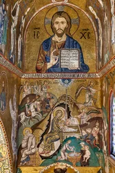 Palatinská kaple (bazilika), jižní apsida nebo "absidiola" svatého Pavla, mozaiky: "Kristus Pantokrator" a "Narození Páně", XII.
