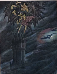 Lucifer a jeho andělé „pospěšte si! Uspíšit! Ó vy duchové, vytáhněte z jeho stanoviště těžký železný kříž