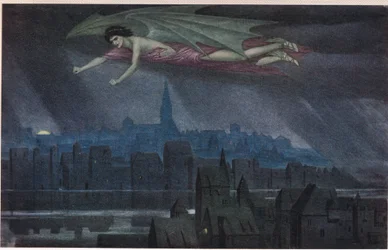 Lucifer letící nad městem. „Spi, spi, město! Dokud tě světlo neprobudí k hříchu a zločinu znovu."
