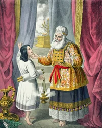 Eli se ptá Samuela ohledně vize, z bible vytištěné Edwardem Goverem