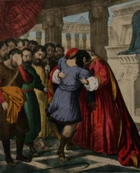 Josephovo odpuštění svým bratřím, z bible vytištěné Edwardem Goverem