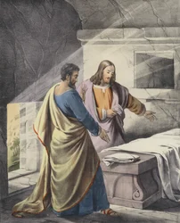 Petr a Jan u hrobu, „Vstal z mrtvých“ (barevná rytina)