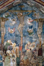 Ukřižování Krista „INRI““ na kříži. Detail fresky školy Siena