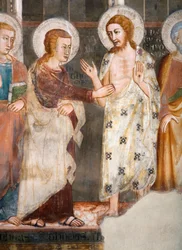 Nevěrohodnost apoštola Thomase Detaila. Freska školy Siena. 14. století. Vyšší církev. Klášter Saint Benedetto (Sacro Speco), Subiaco (Řím), Itálie