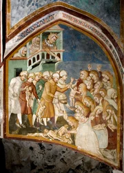 Vraždění neviňátek. Detail fresky sienské školy (14. století), 1363-1366. Klášter sv. Benedikta, Sacro Speco, Subiaco (Řím), Itálie