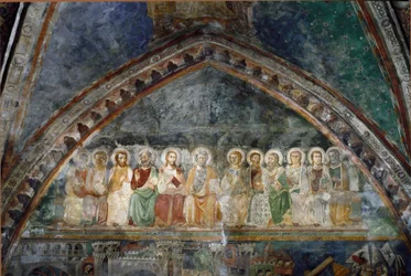 Dvanáct Apotres Detail fresky školy Siena. 14. století. Klášter svatého Benedikta (Sacro Speco), Superior Church v Subiaco (Řím), Itálie