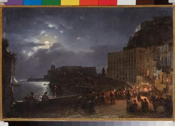 Přístaviště Santa Lucia v Neapoli (Itálie), za úplňkové noci. Obraz Sylvester Feodosiyevich Shchedrin (Sylvester Shchedrin) (1791-1830), olej na plátně