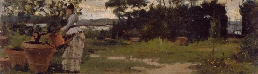Zahrada u Bellarivy, cca 1884, Silvestro Lega (1826-1895), olej na panelu, 7x23,5 cm