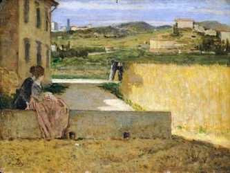 Ve stínu vily, od Silvestra Legy (1826-1895), 34x46 cm