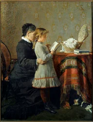 Lekce čtení. Zdravotní sestra se učí číst malou holčičku. Obraz Silvestra Lega (1826-1895) Ec. Ital