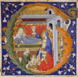 Iluminace rukopisu s Narozením Panny v iniciále G, z graduálu, ca. 1375.