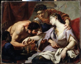 Královna a otrok. Obraz ze školy Simona Voueta (1590-1649). Olej na plátně