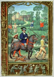 Přidat 24098 f.24v Červenec: Sokolnictví, senoseče a honění motýlů, z Knihy hodin nebo Golfové knihy, kolem 1520-30 (vellum)