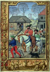 Přidat 24098 f.28v Listopad: Návrat z lovu, z Knihy hodin nebo Golfové knihy, c.1520-30 (vellum)