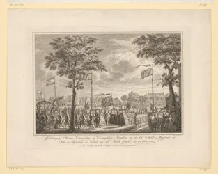 Rozloučení s Willem V a jeho manželkou na Buiten Amstel, 1768 Sbohem jejich klidné a královské výsosti den Ed: Achtb: Magistrát města Amsteldam a odjezd den Buiten Amstel, 4. června 1768 (název na předmětu) obraz