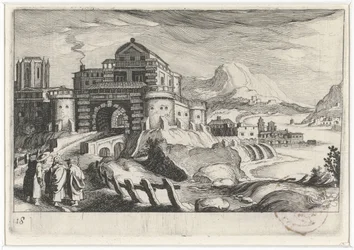 Emmäusové před městskou bránou v horské krajině Jihoevropské krajiny (název série) Topographia variarum regionum (název série)