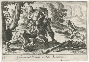 Herkules bojující s nemejským lvem Comprimit Nemeae virtute Leonem (název na objektu) Herkulovská témata (název série)