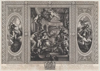 Alegorická scéna ukazující výhody Jamesovy vlády v centru, Wise Government tramp..., 1720.