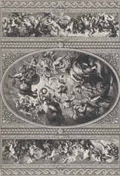 Apoteóza Jakuba I. v oválu uprostřed, vlysy s putti a girlandami na obou ..., 1720.