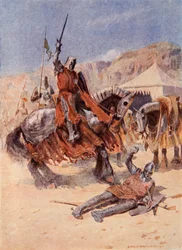 Setkání rytířů v konfliktu, ilustrace z knihy Talisman: Příběh křižáků" od Sira Waltera Scotta