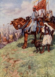 Lví srdce sedí na koni, po jeho boku stojí núbijský otrok, který drží na vodítku psa, ilustrace z "Talismanu": A Tale Talisman" od Sira Waltera Scotta (barevná litografie).