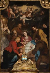 Farní kostel (nižší název, kostel Sint-Vedastu). Interiér. Hlavní oltář. Klanění tří králů. Simon De Paepe. Asi 1660-1
