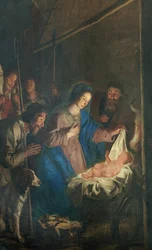 Farní kostel (kostel Nanebevzetí Panny Marie). Interiér. malování. Vánoční scéna. Simon DePaepe. Původ opatství Ename (?).