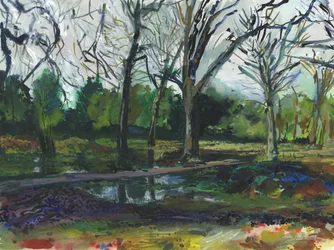 Záplavy, Richmond Park (akvarel, kvaš, akvarelová tužka a tuš na papíře)