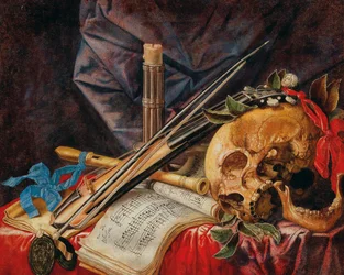 Zátiší Vanitas s violou, klarinetem, lebkou, partitury a svíčkou.