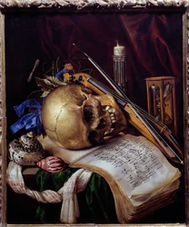 Vanitas se zátiším s lebkou, notovým listem, hudebními nástroji, mušlemi a přesýpacími hodinami. 1650. Rozměry: 0,52 x 0,44 m. Marseille, Musée des Beaux-Arts