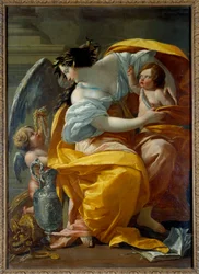 Alegorické zobrazení bohatství. Žena, symbol Štěstěny a Hojnosti, obklopená putti a šperky. Obraz Simona Voueta (1590-1649), 17. století, 1,7 x 1,2 m