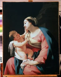 Panna a dítě (Panna a dítě). Obraz Simona Voueta (1590-1649). Olej na plátně, 99,1 x 76,5 cm, počátek 17. století. Francouzská škola, barokní umění. Muzeum Ermitáž, Petrohrad.