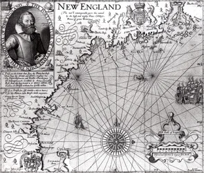 Mapa pobřeží Nové Anglie, kterou pozoroval a popsal kapitán John Smith (1580-1631) 1614, z „Generall Historie“, 1624