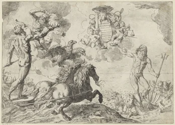 Jupiter, Neptun a Pluto nabízejí své koruny do náruče kardinála Scipione Borghese Diplomová práce Jupiter, Neptun a Pluto coronas suas offerunt armis (název na objektu)