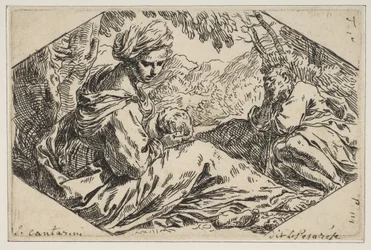 Odpočívej v Egyptě, Marie drží malého Krista a dívá se na něj, zatímco sv. Josef s..., ca. 1637-1639.