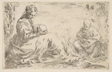 Odpočívej na útěku do Egypta, Marie drží a dívá se na malého Krista, zatímco sv..., ca. 1637.