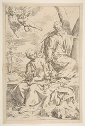 Odpočívej na útěku do Egypta, Marie drží malého Krista, zatímco svatý Josef podává h..., ca. 1639.