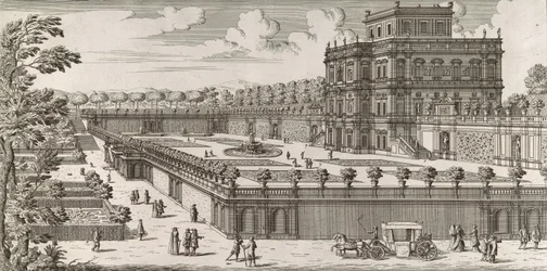 Pohled na průčelí Palazzo Pamphili a jeho zahradu Secondo Prospetto Pe..., po