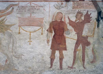 Archanděl Michael a ďábel s knihou sedmi smrtelných hříchů, detail z Tanec smrti